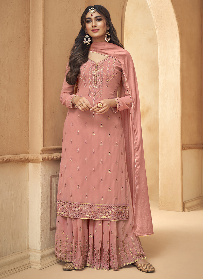 Eid Wear Light Pink Embroidery Work Faux Georgette Sharara Suit