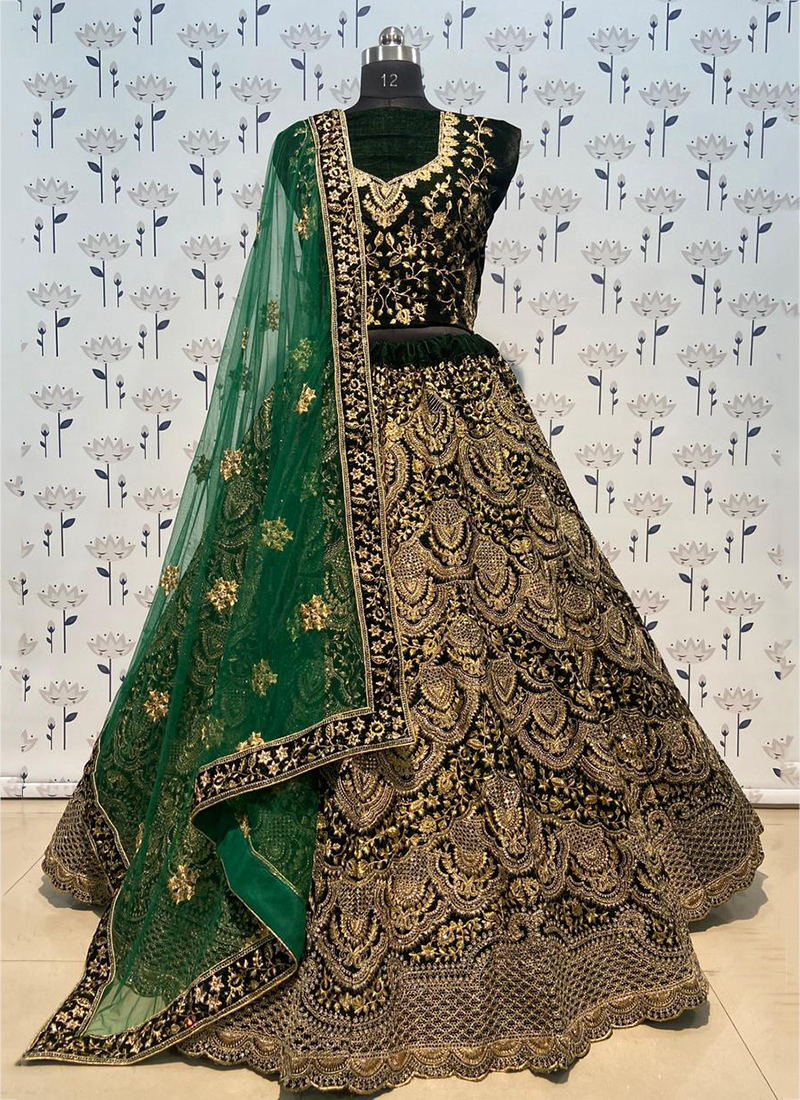 Buy Olive Green Velvet Multi-Thread Work Bridal Lehenga Choli Online At  Zeel Clothing