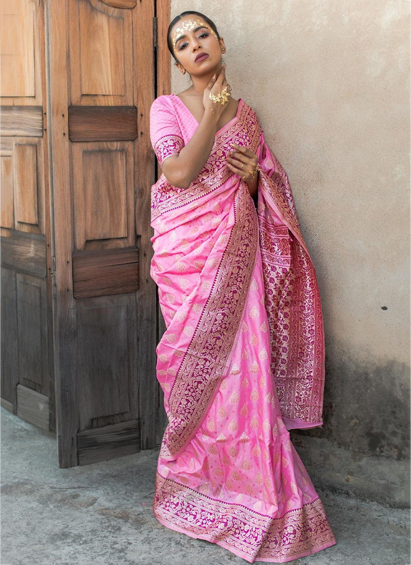 Buy Traditional Wear Pink Weaving Work Pure Silk Saree Online From ...