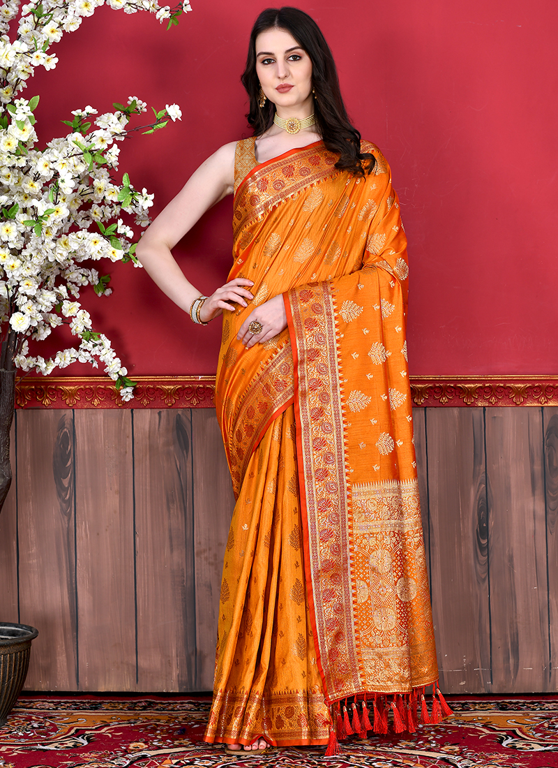 Buy online Banarasi Katan Silk Saree with zari woven Motif and Rich Pallu  -Peach-AF1475