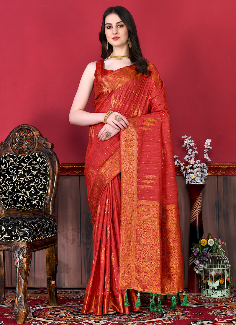 Yellow and Red Pure Katan Silk Saree Featuring Weaved Buta | Peepal Clothing