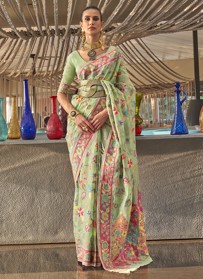 Buy Pista Green Silk Wedding Saree With Heavy Embroidery, Stone and Sequins  Work From KHUSHKAR. – Khushkar