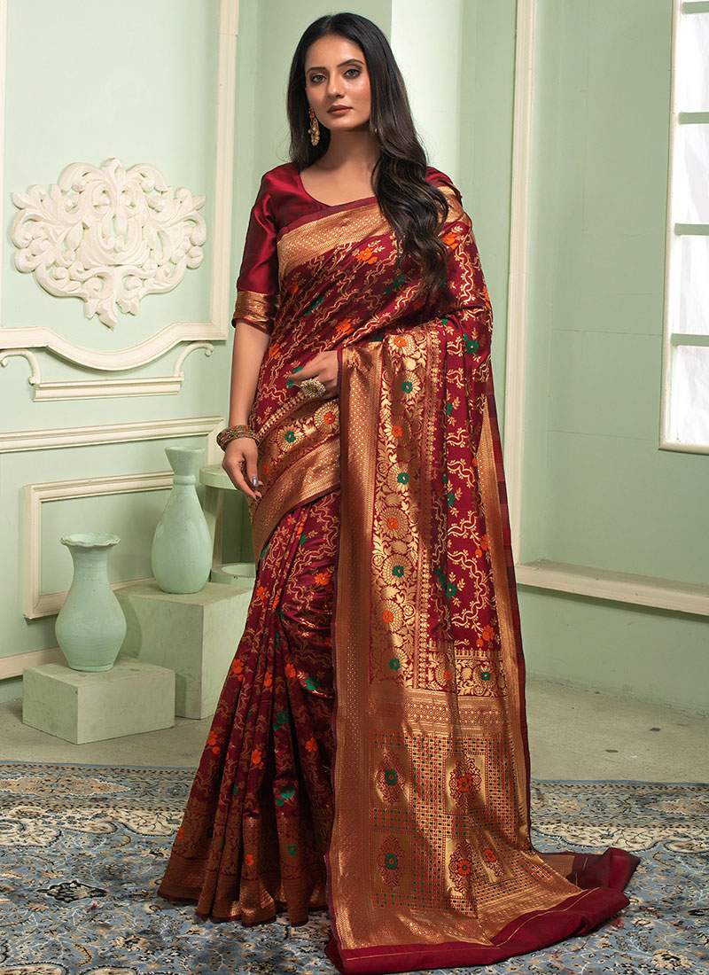 Reception Wear Maroon Golden Silk Jacquard Saree | Buy Latest Online