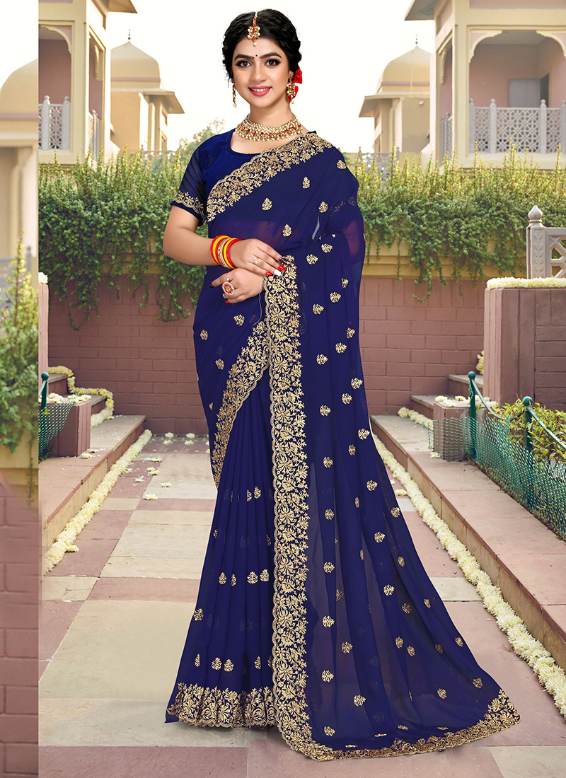 Buy Navy-Blue Embroidered Chinon Party Wear Saree With Blouse From Ethnic  Plus