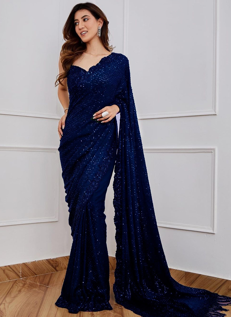 Embroidered Georgette Saree Style Gown in Navy Blue and Beige : TUC523