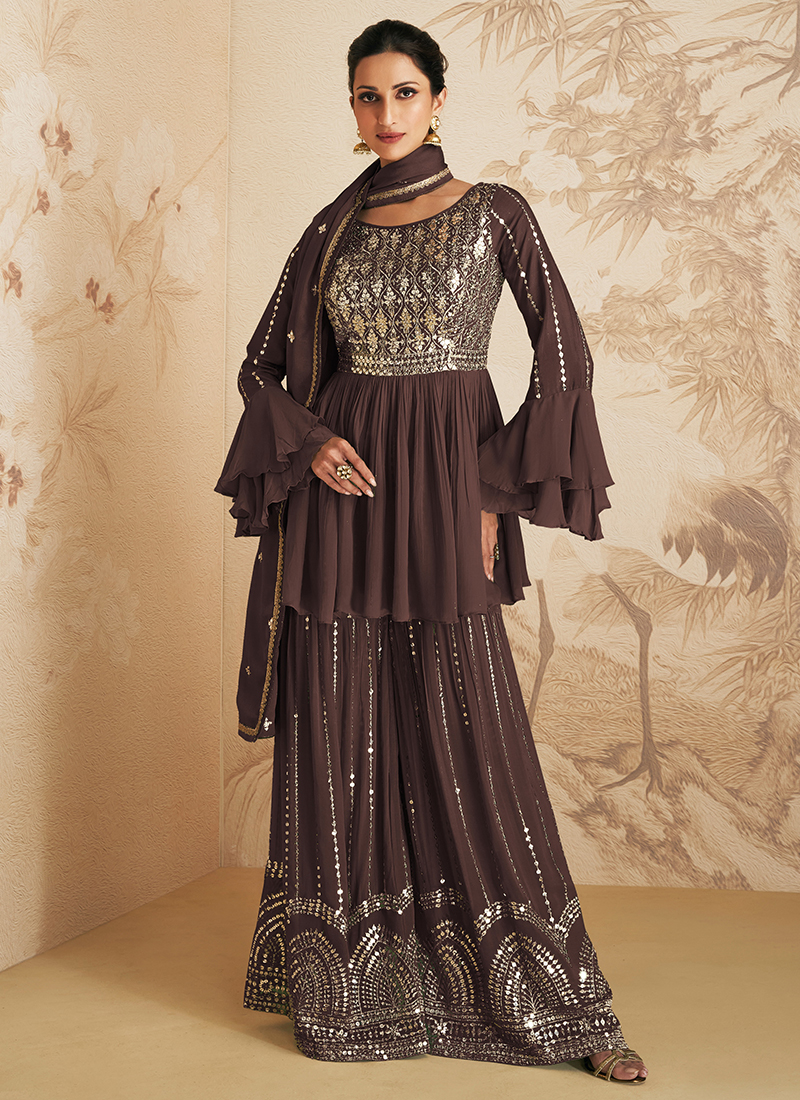 Eid Wear Brown Sequins Work Chinnon Sharara Suit