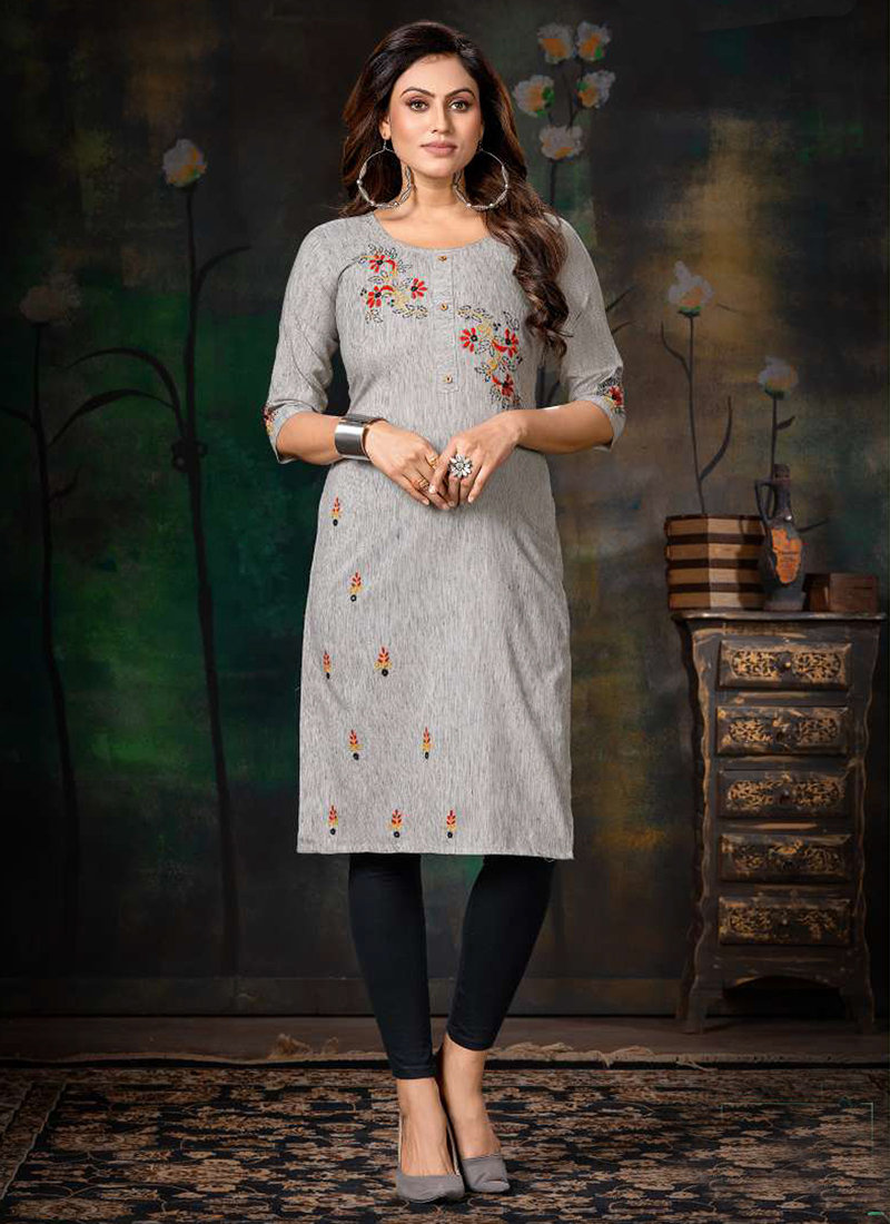 Anasuya in simple but interesting kurti in grey and red.Earrings in white  and red combination.S… | Fancy dress design, Simple kurti designs, Designer  dresses casual