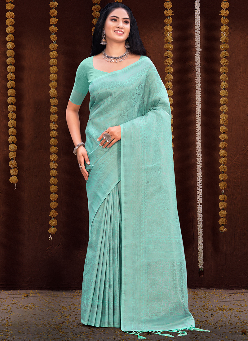 Buy Party Wear Pista green Kanjeevaram Work Silk Saree Online From Surat  Wholesale Shop.