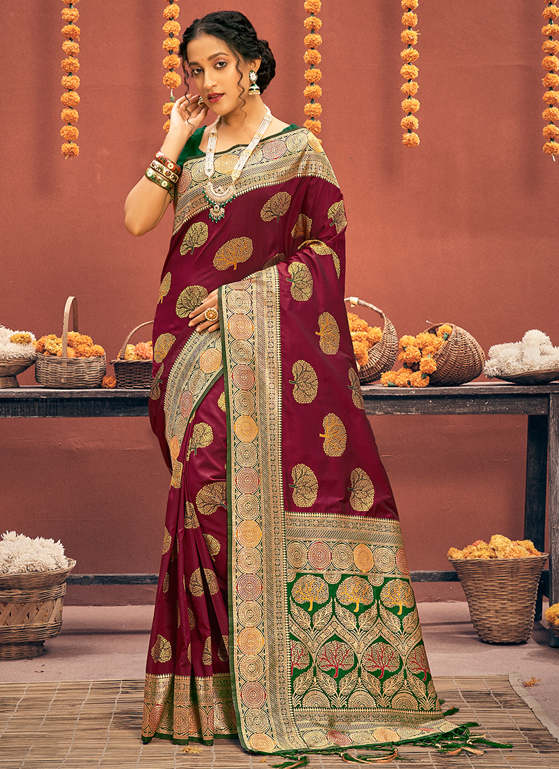 Buy Online Maroon Banarasi Satin Silk Saree in india - ikshha.com