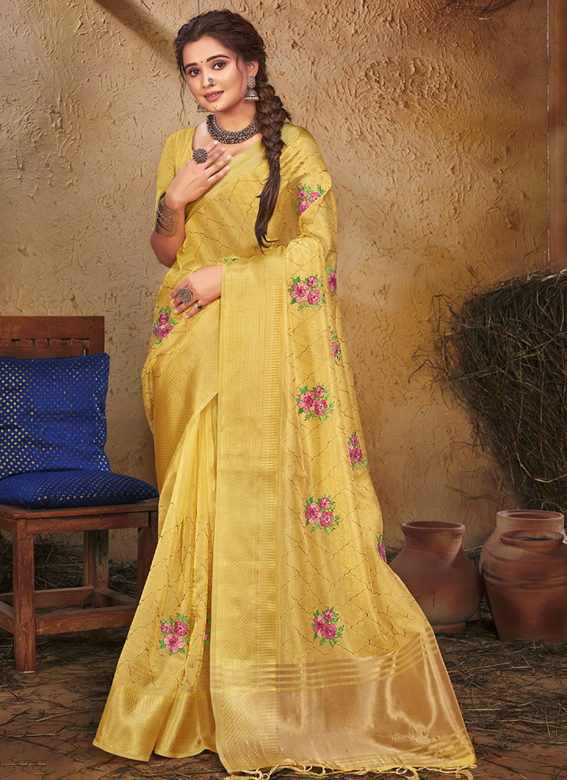 Party Wear Yellow Color Soft Lichi Silk Saree – Amrutamfab