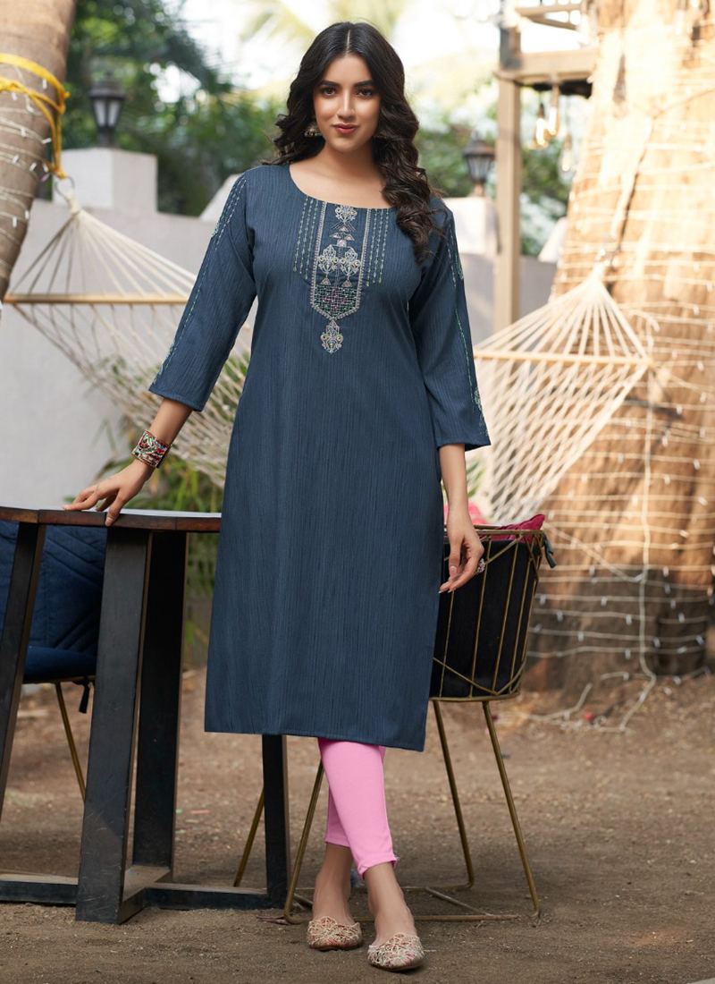 Buy Dark Grey Solid Kurta With Floral Embroidery Online - W for Woman