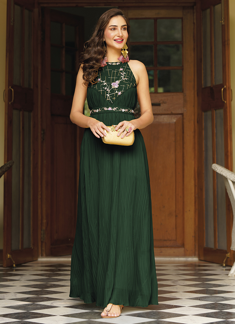 bottle green colour readymade gown beautiful gown dupatta set sku number  str 1091 zz gown fabric foxgeorgette with embroidery mirror work