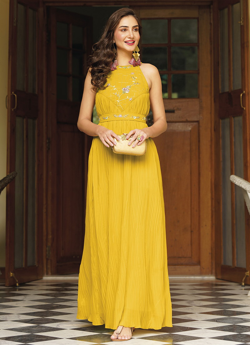 Latest Designer Party Wear Yellow Color Digital Patola Print Soft Dola Silk  Gown – Fashionfy