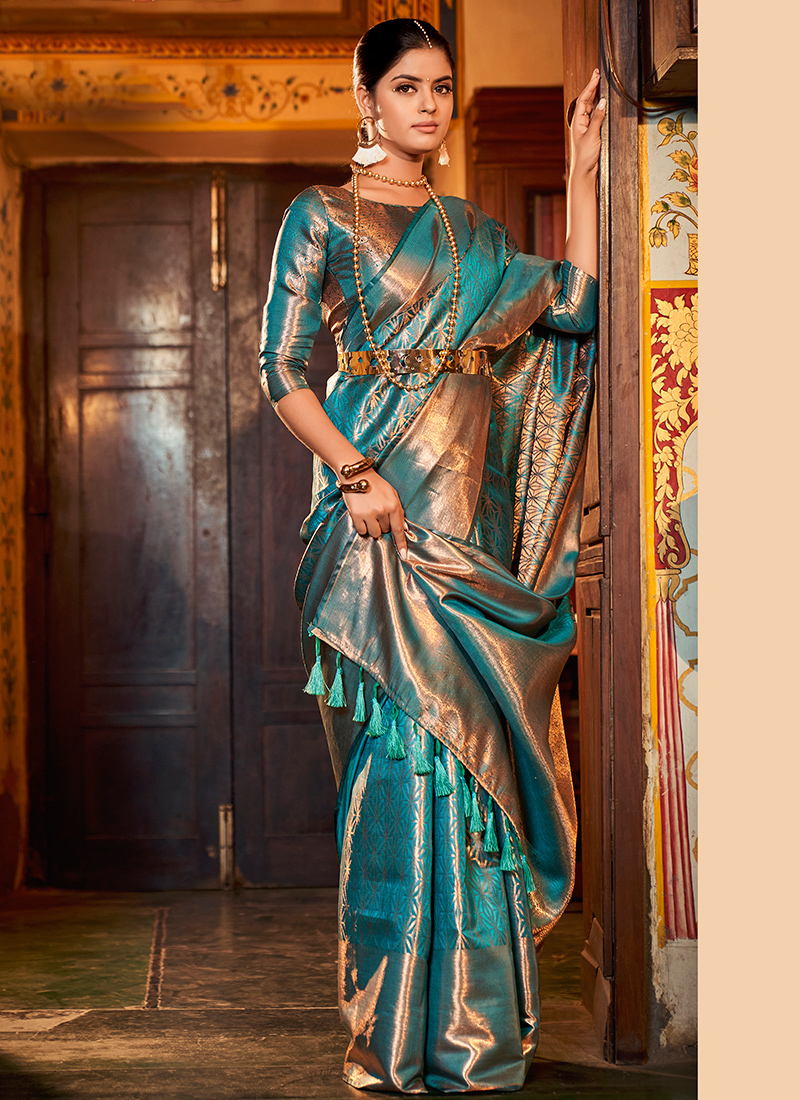 Buy WAANMAYI Women's Kanjivaram Soft Lichi Silk Banarasi South Indian Style  Saree With Blouse Piece (blue pan) at Amazon.in
