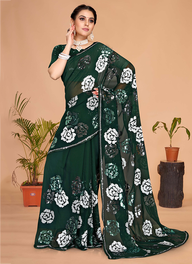 Bottle Green Floral Embroidered Georgette Saree