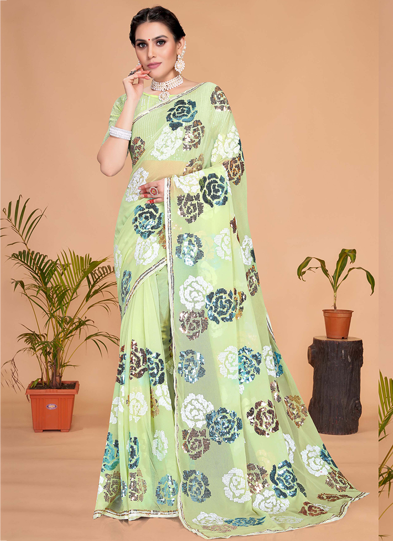 Buy Party Wear Pista green Sequins Work Georgette Saree Online From Surat  Wholesale Shop.