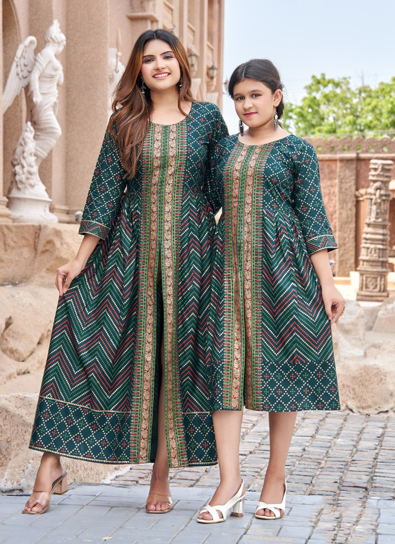 Buy Casual Wear Bottle Green Foil Printed Rayon Combo Gown Online From Surat Wholesale Shop