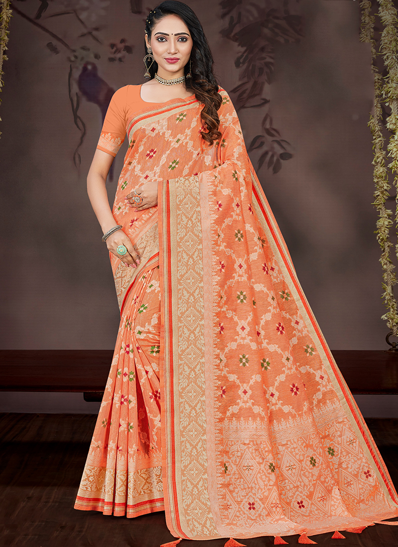 Buy Festival Wear Orange Weaving Silk Saree Online From Surat Wholesale Shop 7773