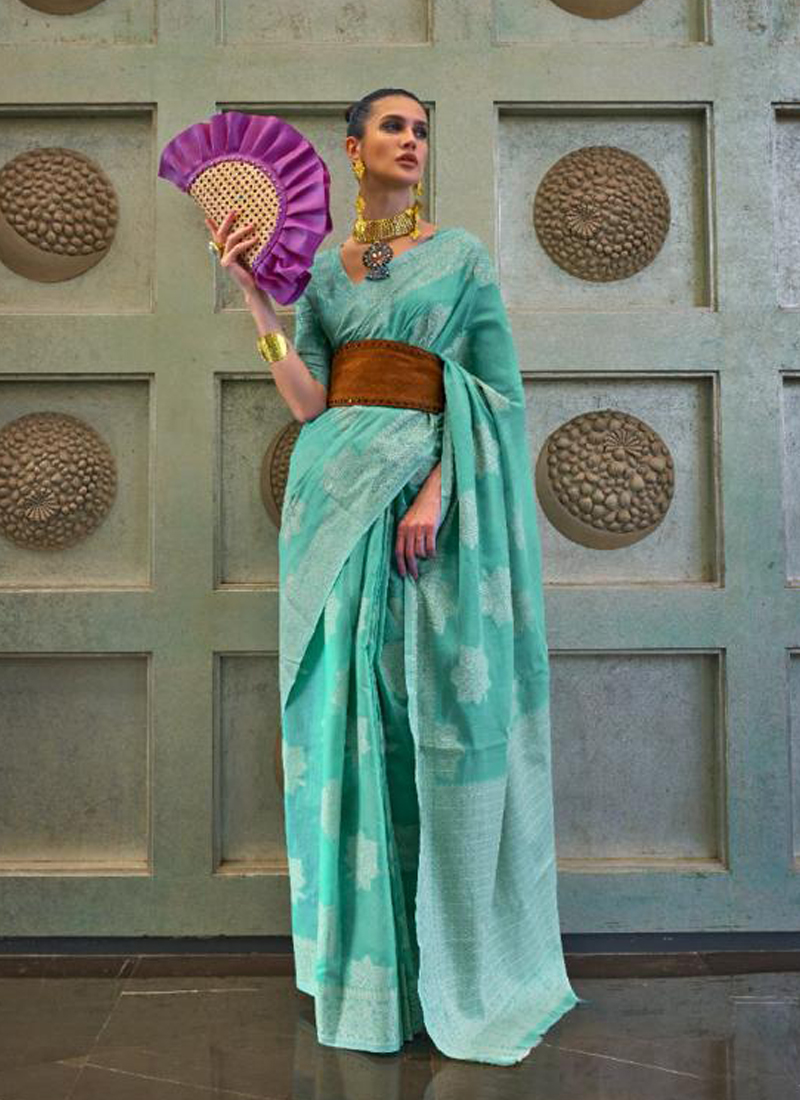 Buy Turquoise Silk Brasso Printed Saree With Blouse Online