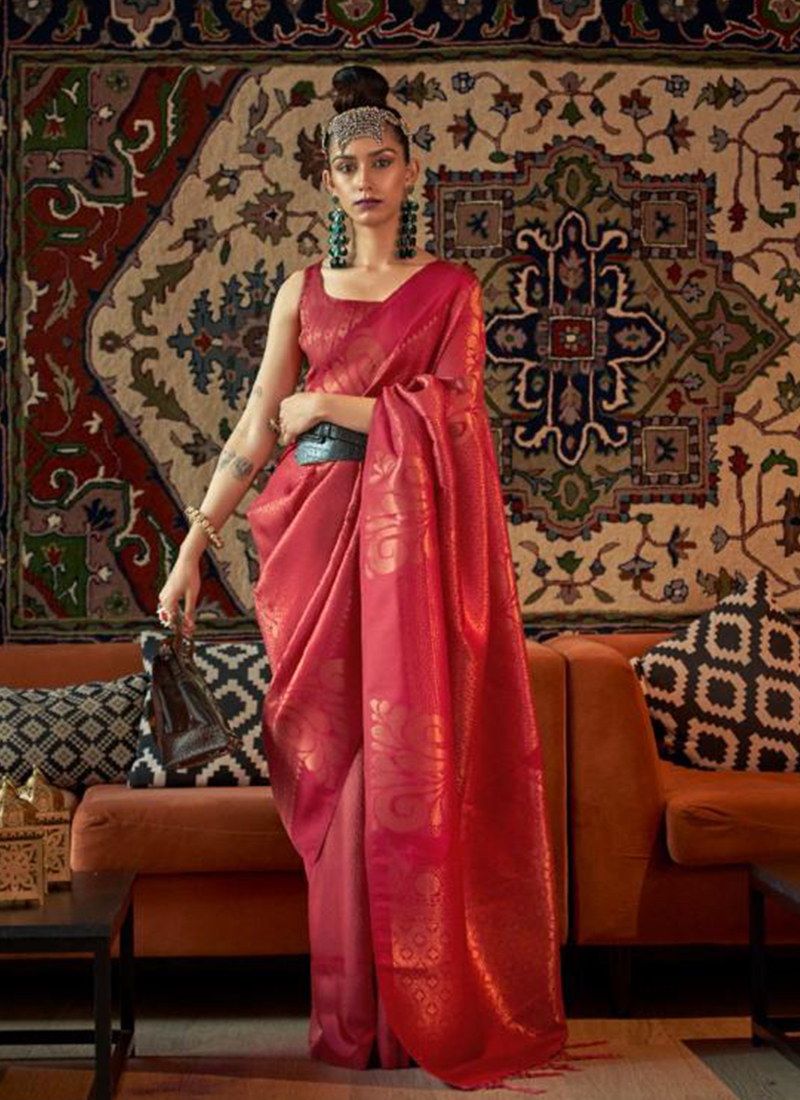 Frontier Raas - This Banarasi Ektara Silk Saree is a treasure to be  celebrated and preserved. Handwoven in a contemporary aesthetic using the  traditional kadwa jaal. The combination of red with orange
