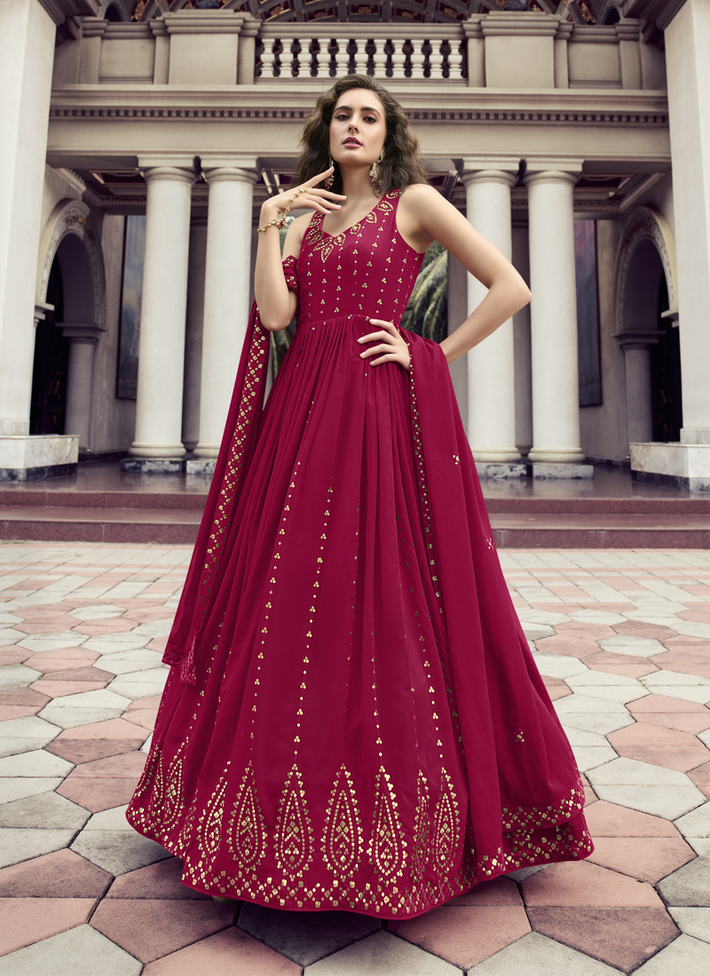 Buy Classic Pastel Pink Thread & Sequins Work Georgette Ruffle Style Gown  Online At Ethnic Plus