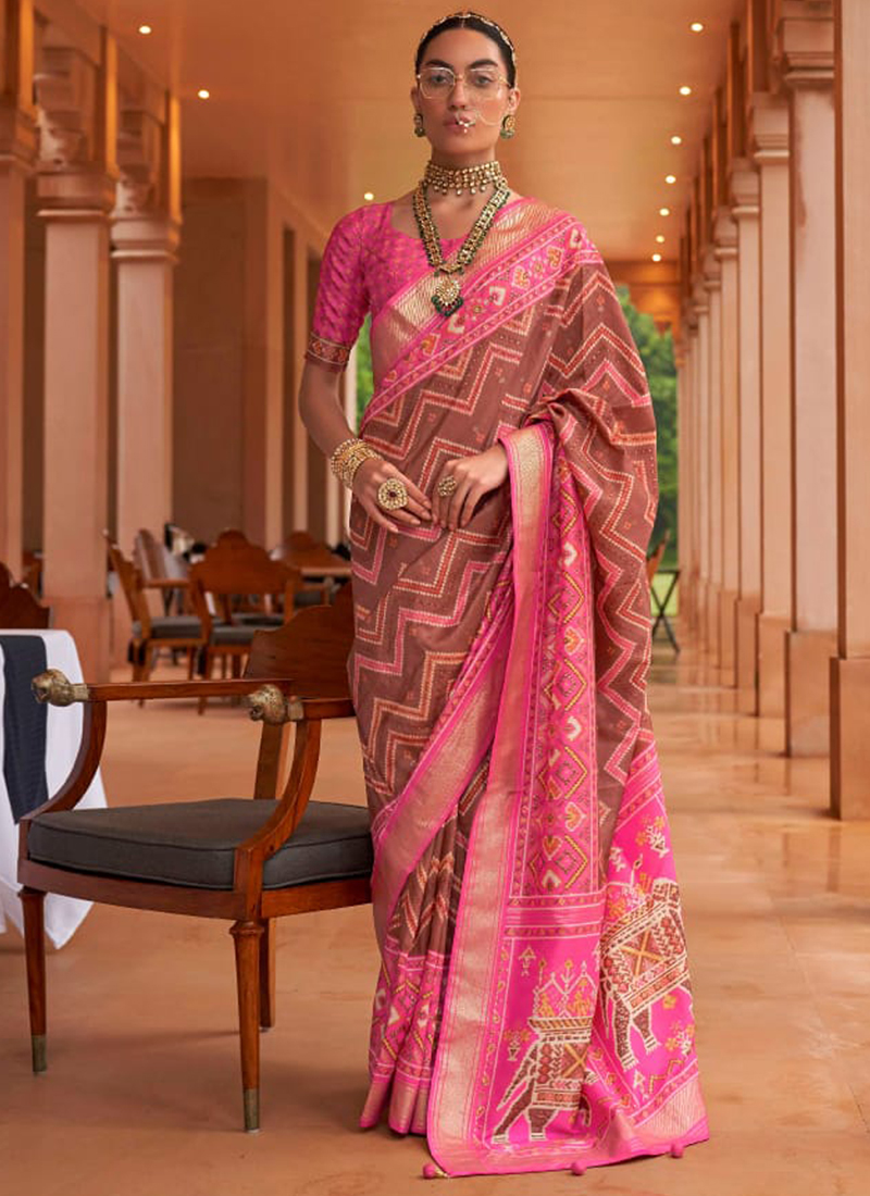 Buy Traditional Wear Rose Gold Patola Work Pure Silk Saree Online ...