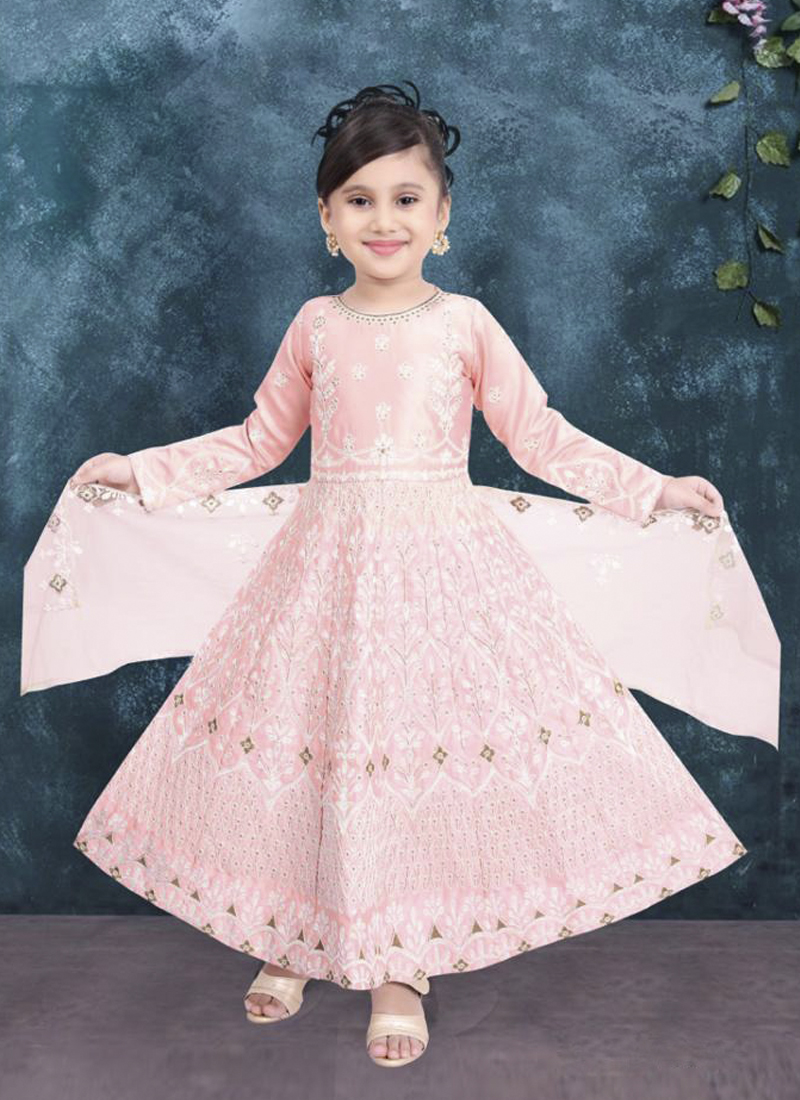 Buy Traditional Wear Pink Thread Work Silk Kids Gown With Dupatta ...