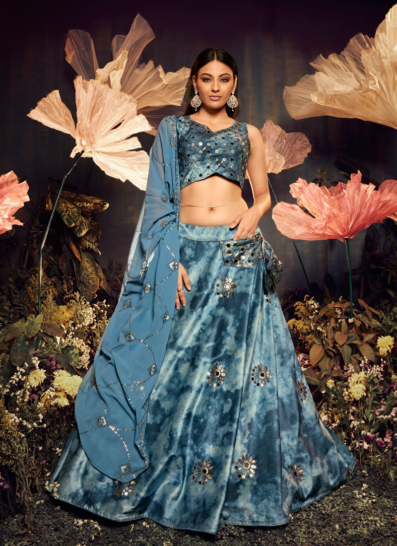 Pink and Blue Designer Velvet and Organza Hand Embroidered Bridal Lehenga  MIHAZ006 – Mohi fashion