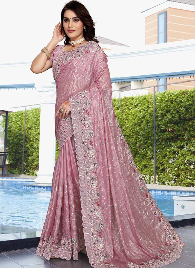 Baby Pink Color Georgette Base Sequined Saree With Fancy Blouse