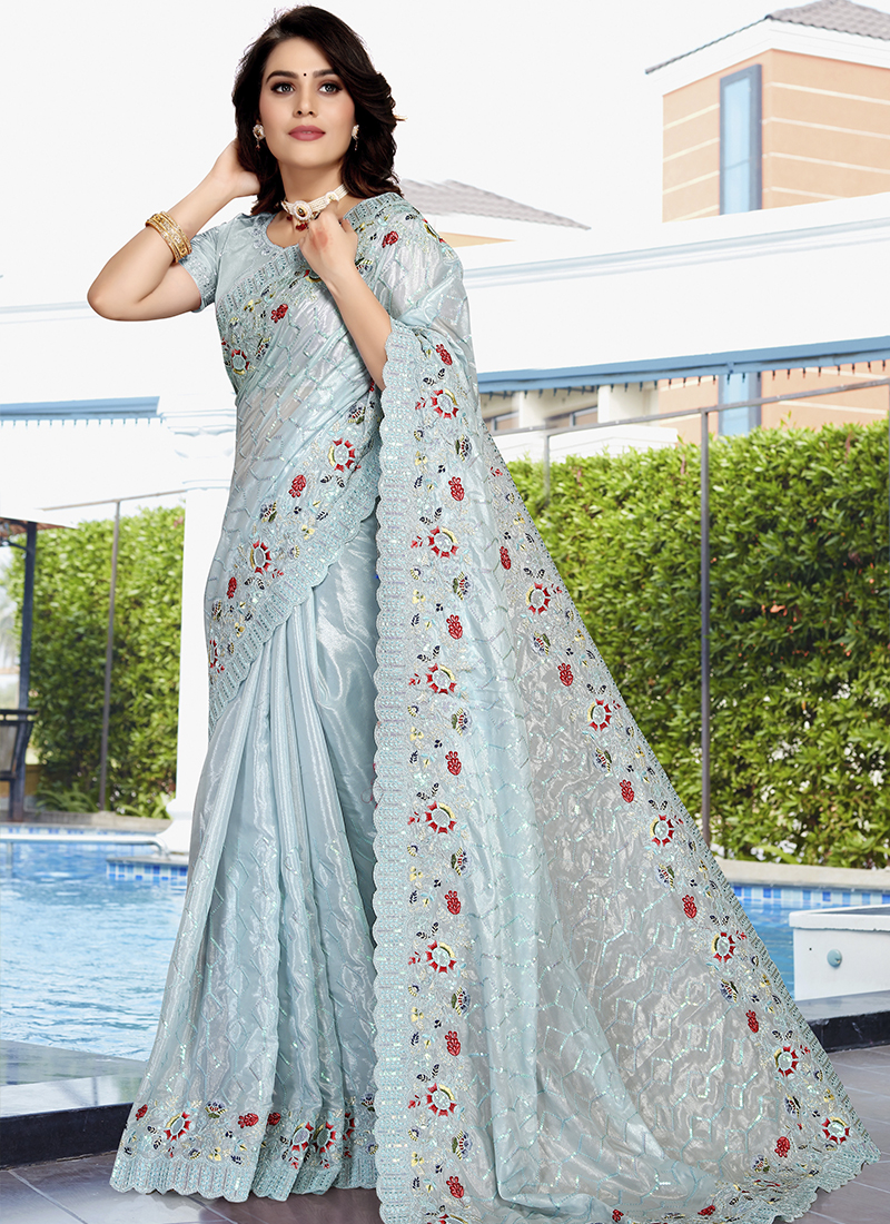 Buy Royal Blue Saree In Chiffon With Scattered Moti Beads And Cut Dana  Embellished Border Online - Kalki Fashion