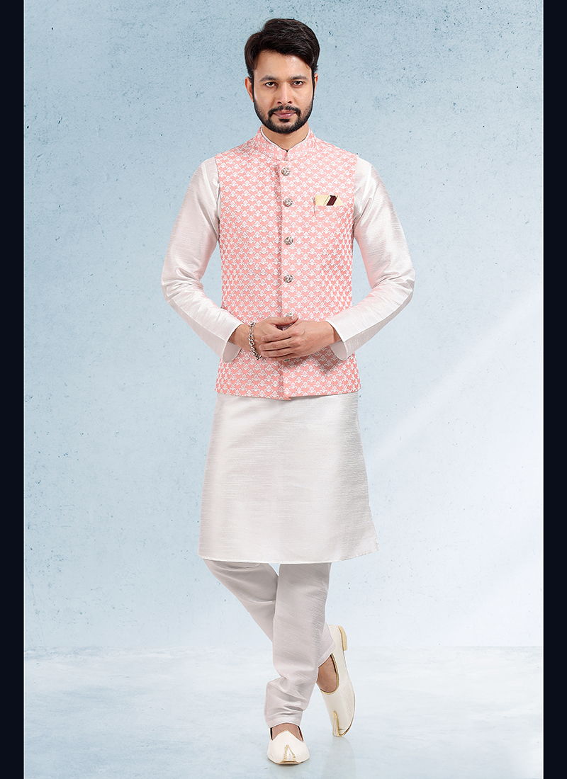 Red floral embroidered nehru jacket with off white kurta and pyjama - set  of 3 by The Weave Story | The Secret Label