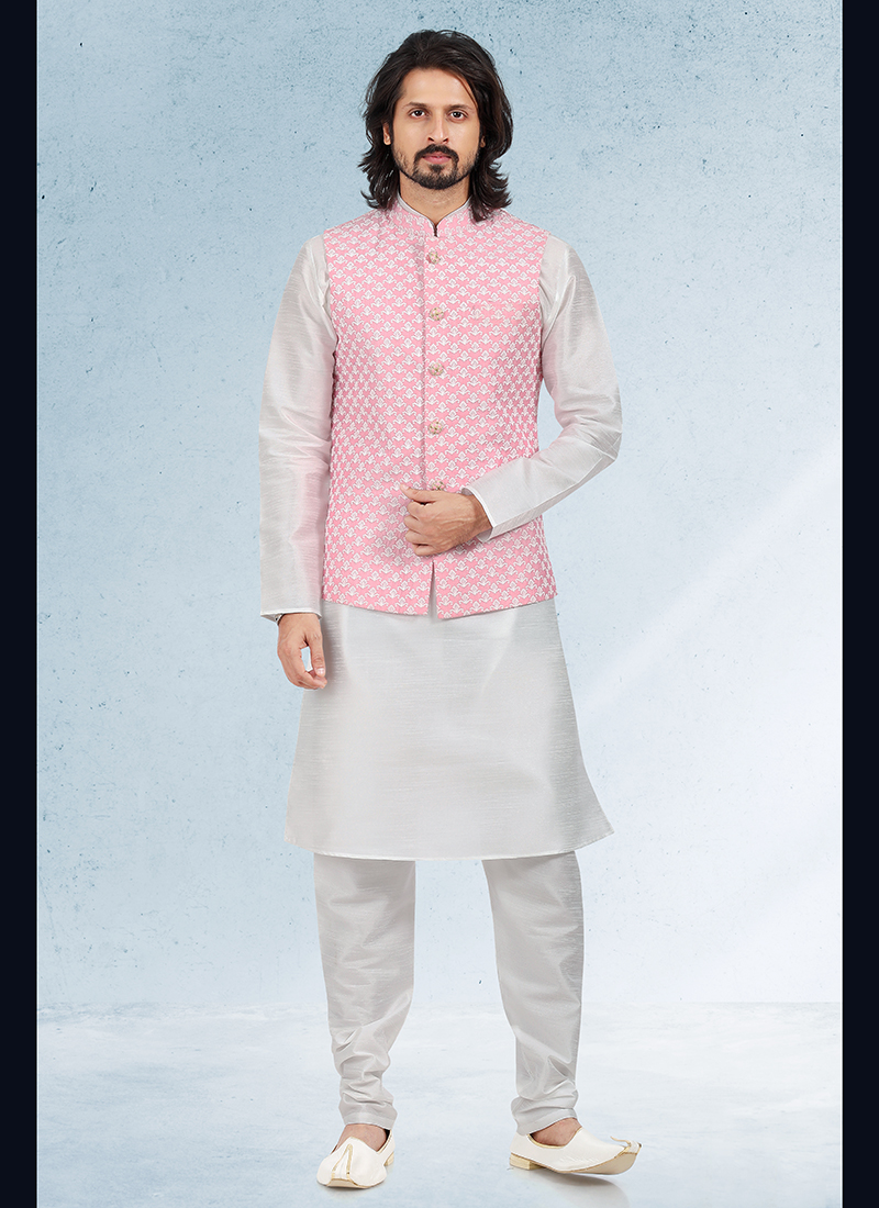 White Kurta Pyjama With Pink Embroidered Jacket