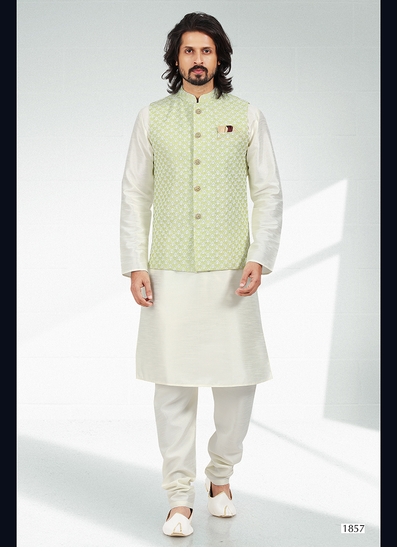 Men's Cotton Pista Green Kurta & Pink Nehrujacket With White Churidar  Pyjama Set