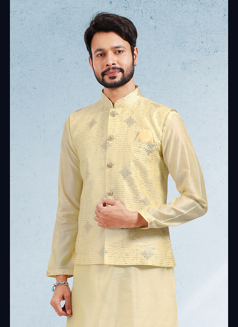 Cotton Kurta Pajama With Jacket In Yellow Colour-KP5600061
