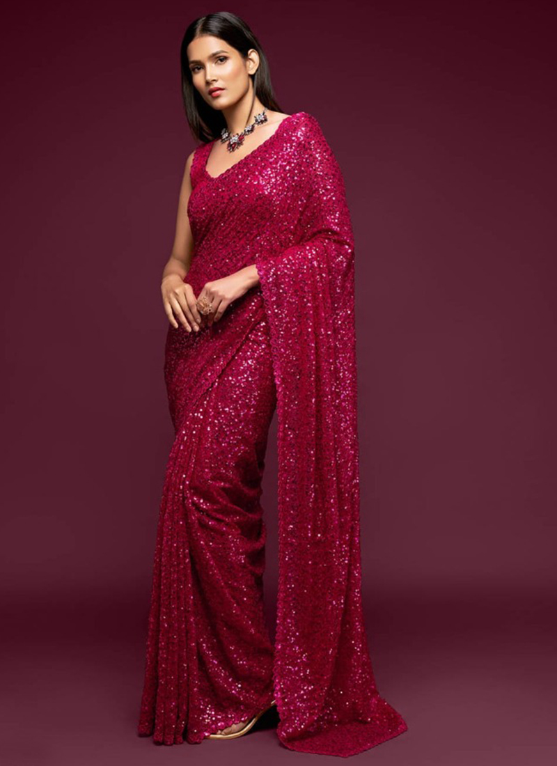 Buy Appealing Pink Thread & Sequins Saree - Party Wear Designer Saree –  Empress Clothing