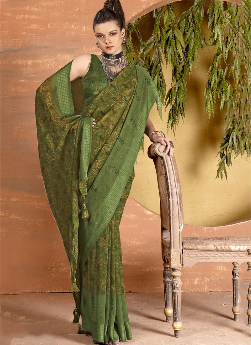 Buy Party Wear Olive Green Silk Embroidery Work Saree Online