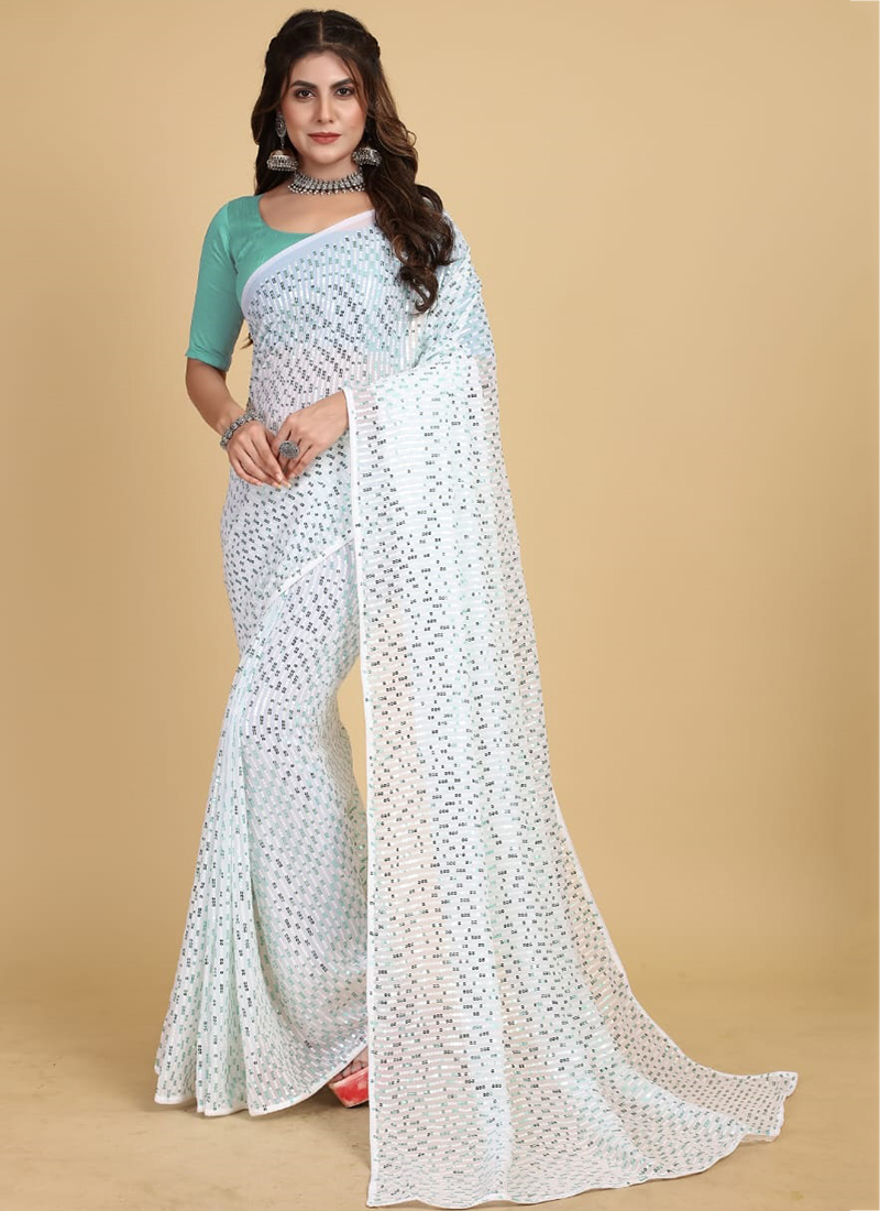 Soft Georgette Ready To Wear Saree With MultiColor Thread Work – ThreadLooms