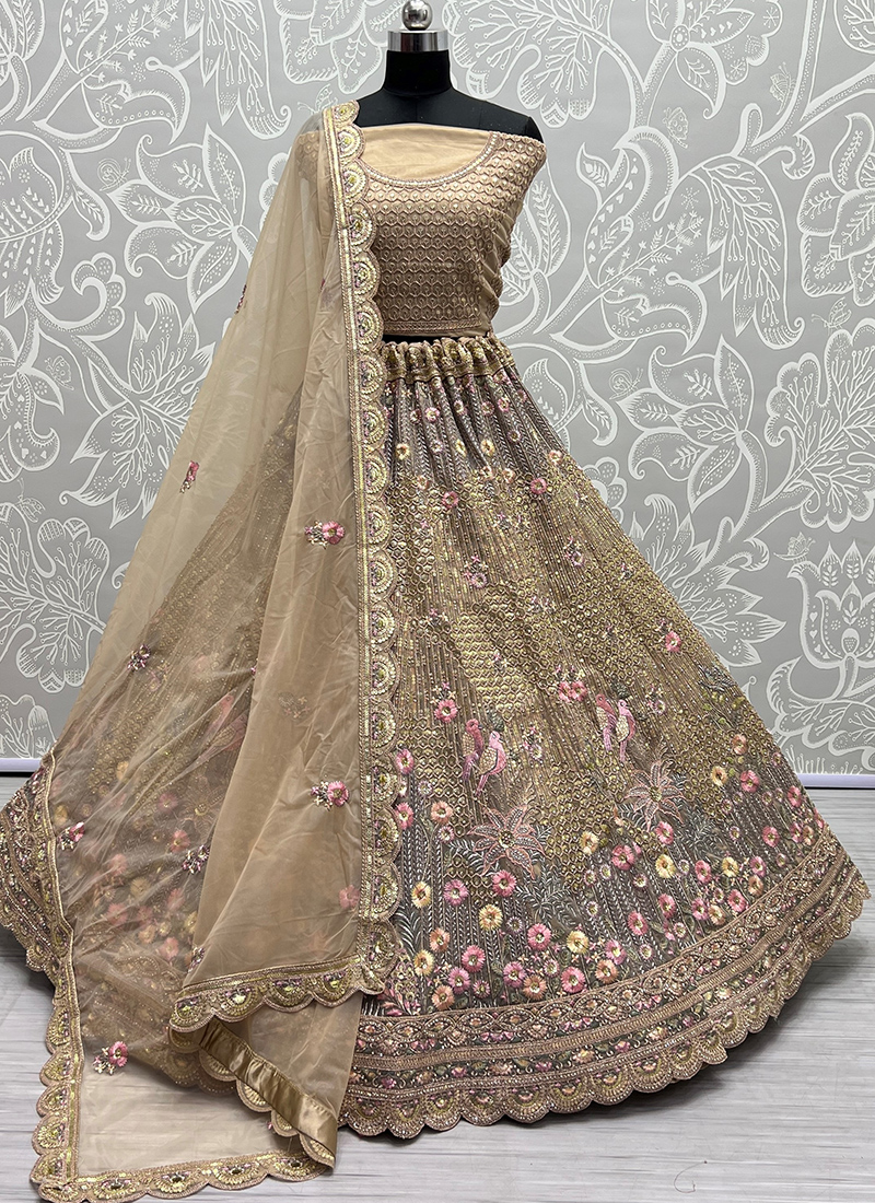 Buy Rangpur Golden Beige Lehenga Set With Purple Banarasi Dupatta online