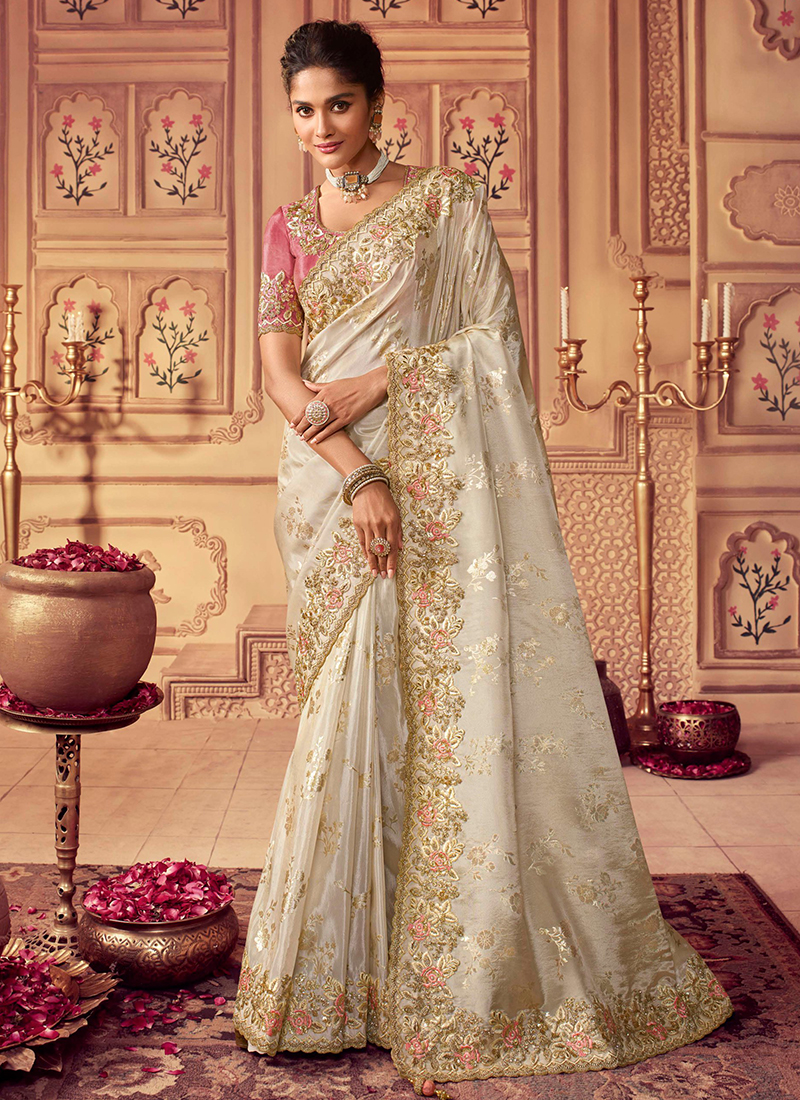 Off White Engagement Kanchipuram Silk Contemporary Saree