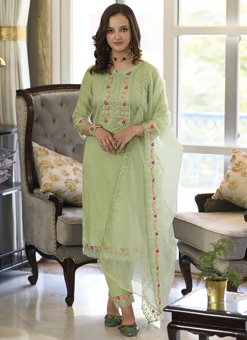 Buy Traditional Wear Pista Green Embroidery Work Pure Cotton