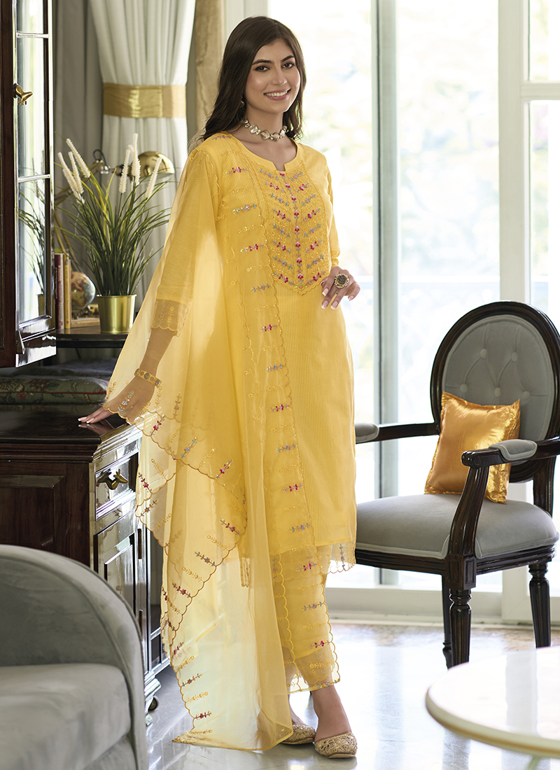 Buy Yellow colour embroidery cotton unstitched Straight churidar cotton-salwar-kameez  at