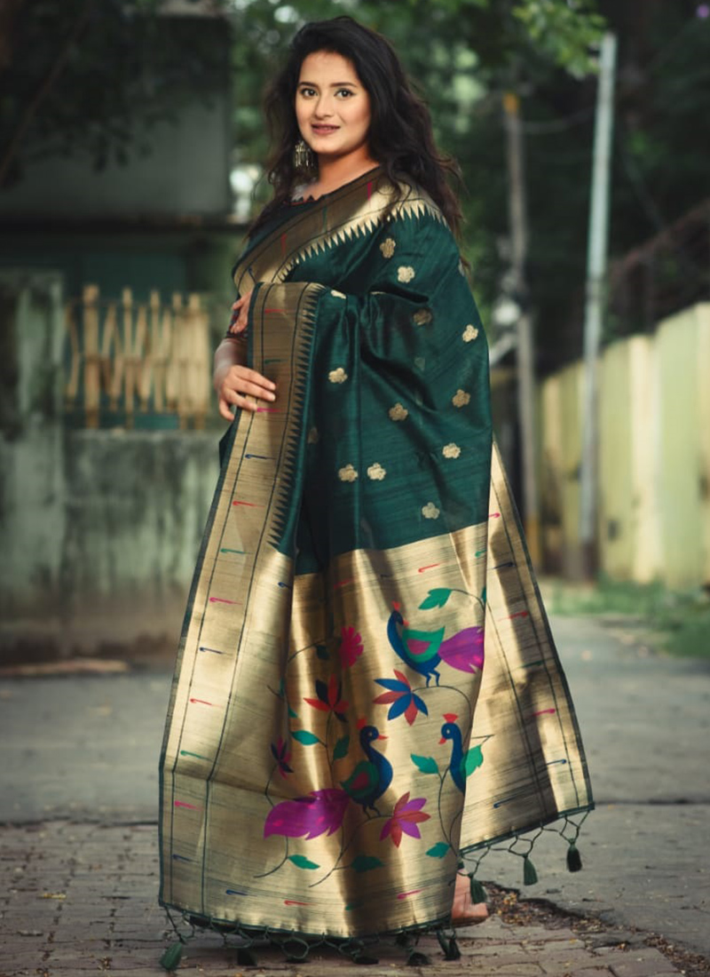 Hand Embroidery Work Banarasi Silk Bottle Green Bridal Saree Online – Sunasa