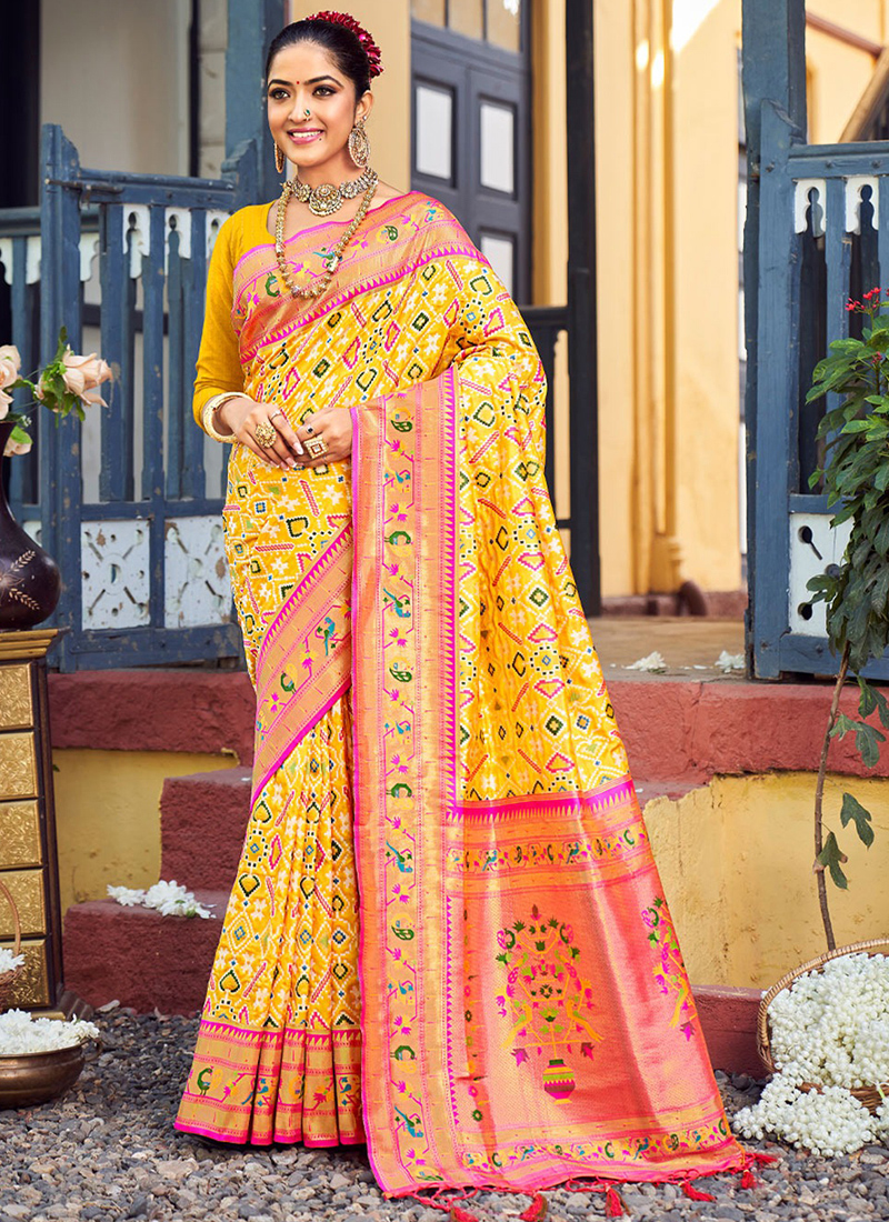 Buy Traditional Wear Yellow Paithani Work Silk Saree Online From Surat  Wholesale Shop.