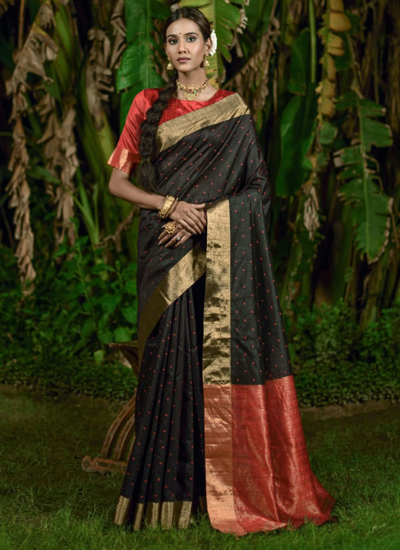 Chaitra' Black-Red Pure Kora Silk Handloom Banarasi Kadwa Saree - Tilfi