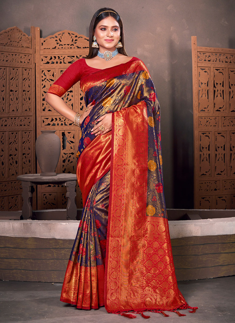 Wedding Edit: Royal Golden Blue Kanjivaram Silk Saree – Zari Banaras