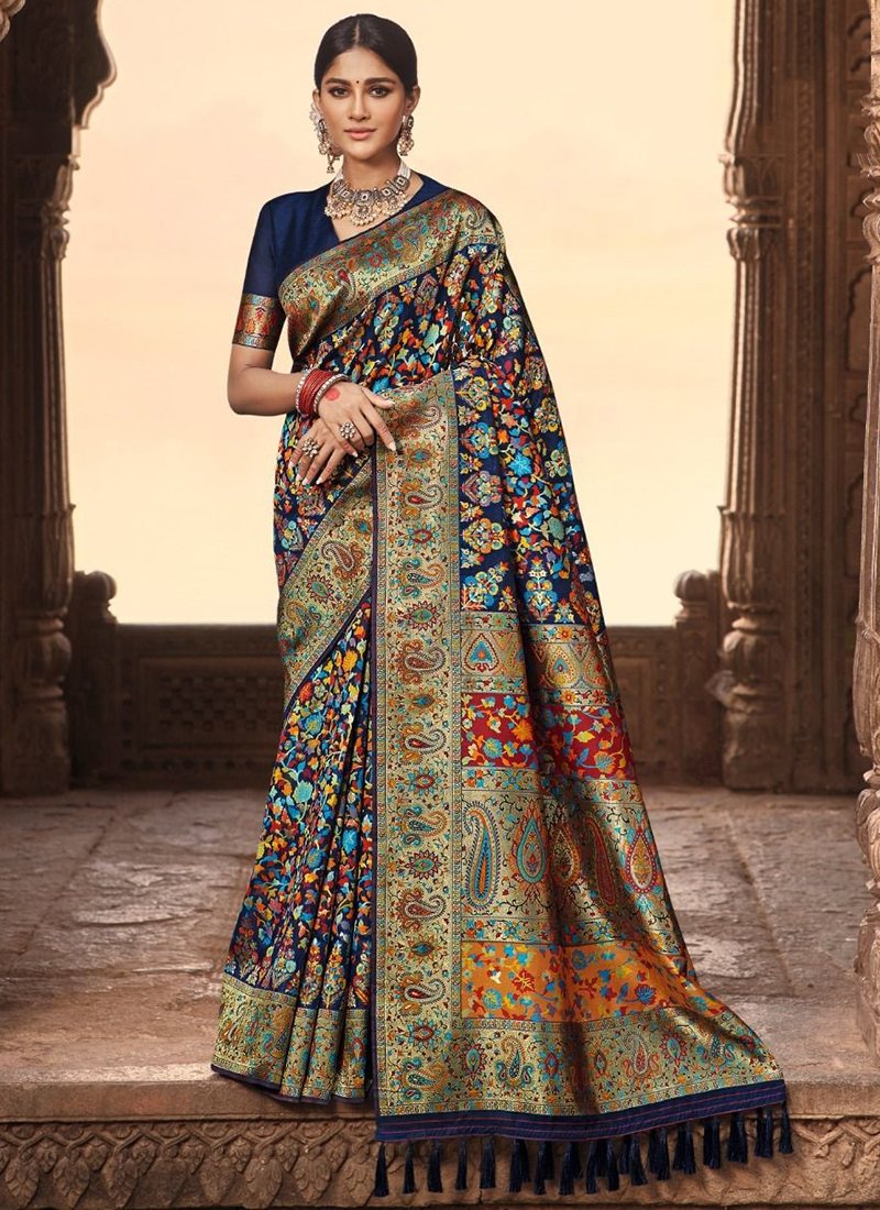 Navy blue silk saree with blouse 6003