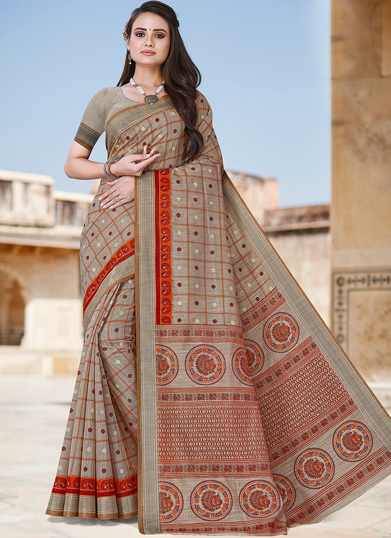 Buy Grey Blended Cotton Saree Festive Wear Online at Best Price | Cbazaar