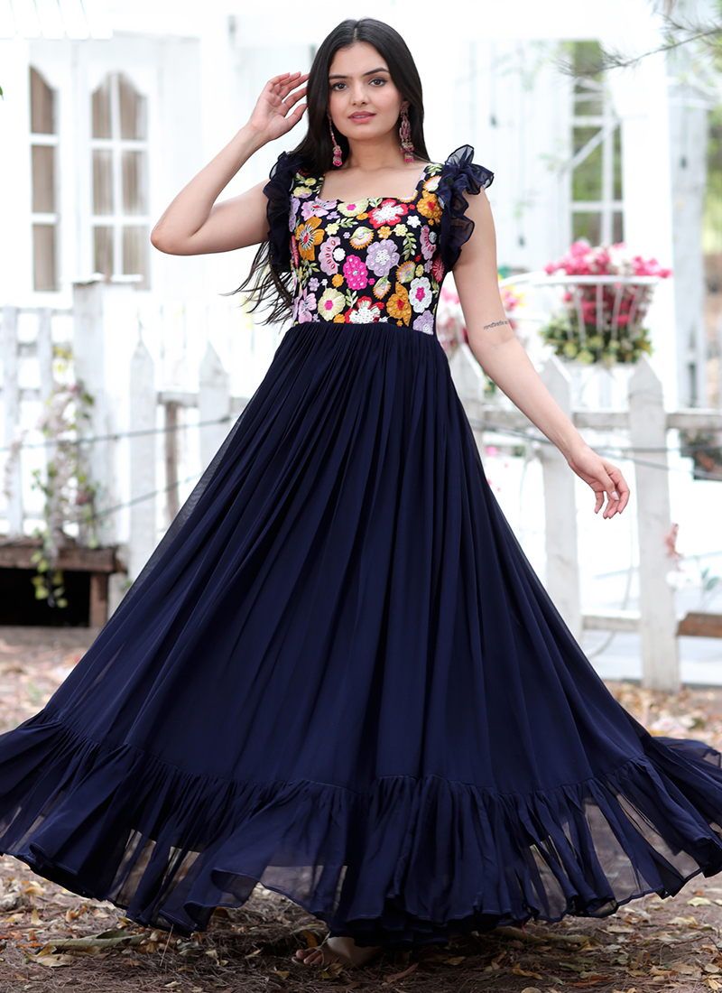 Party Wear Stunning Black Color Georgette Gown With Dupatta-demhanvico.com.vn