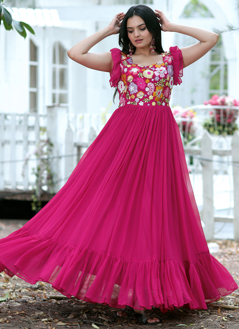 Buy Party Wear Pink Embroidery Work Faux Georgette Gown Online