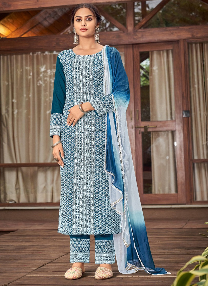 Teal Blue Color Heavy Rayon Evening Wear Plus Size Salwar Suit -  25841404110 | Heenastyle